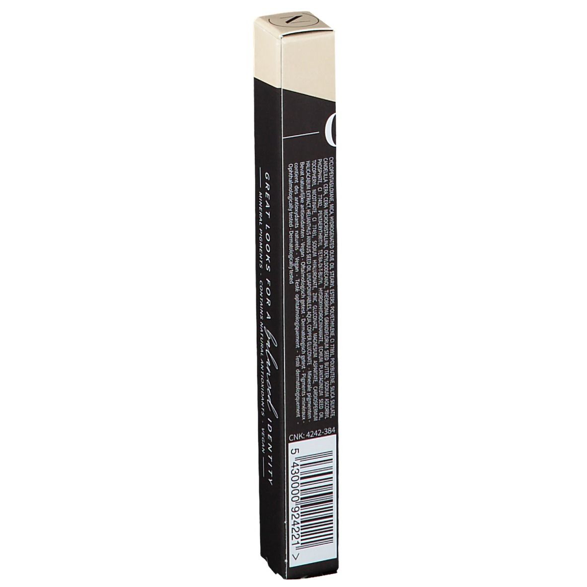 Zwarte kajalstiftverpakking met beige punt. Opschrift: Les Couleurs de Noir, 05, Stylo Yeux.