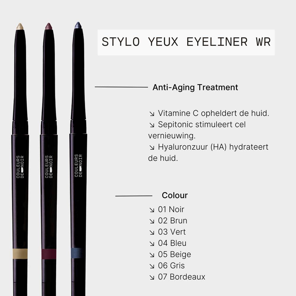 Kajalpotloden met informatie over ingrediënten en kleuren. Opschrift: STYLO YEUX EYELINER WR.