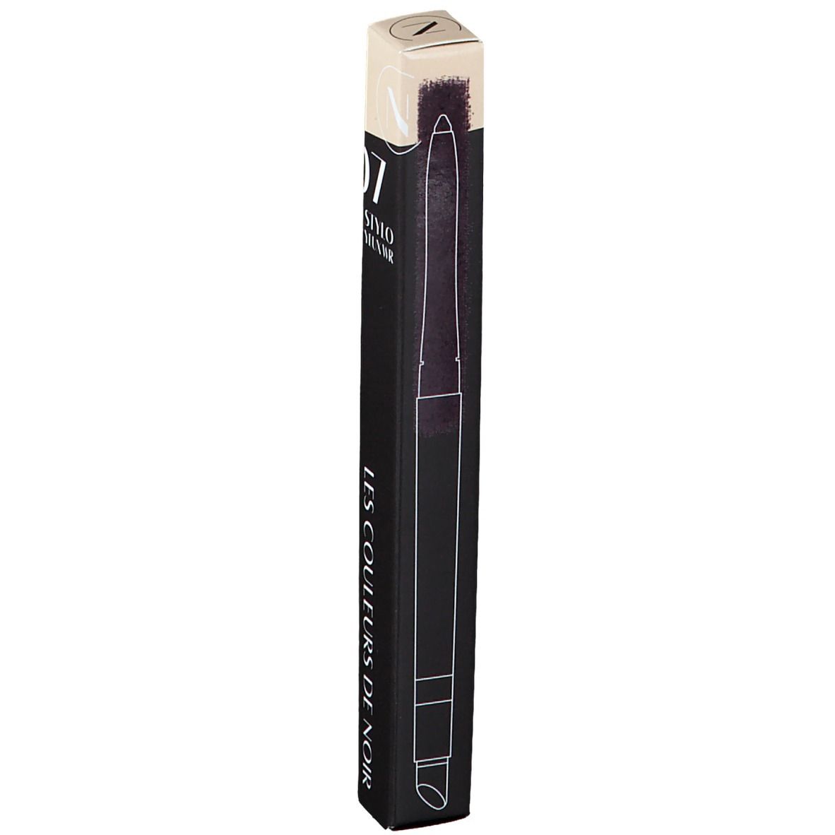 Schwarze, längliche Verpackung mit Produktabbildung. Oben hellbeige, mit der Aufschrift "07 Stylo Yeux Noir".
