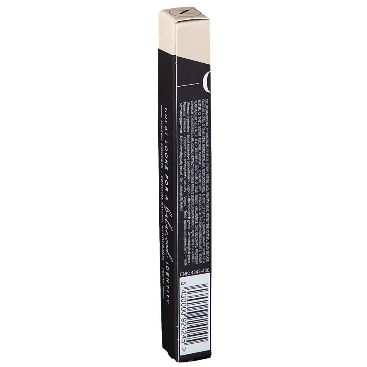 Schwarze, längliche Verpackung mit Text und Barcode. Oben hellbeige, mit der Aufschrift "07 Stylo Yeux Noir".