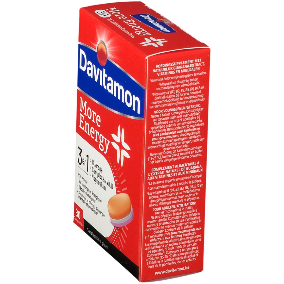 Rode doos Davitamon More Energy 3-in-1. Bevat 30 tabletten. Met Guarana, Vit. B-complex, Magnesium. Zonder lactose en gluten. Zijaanzicht.