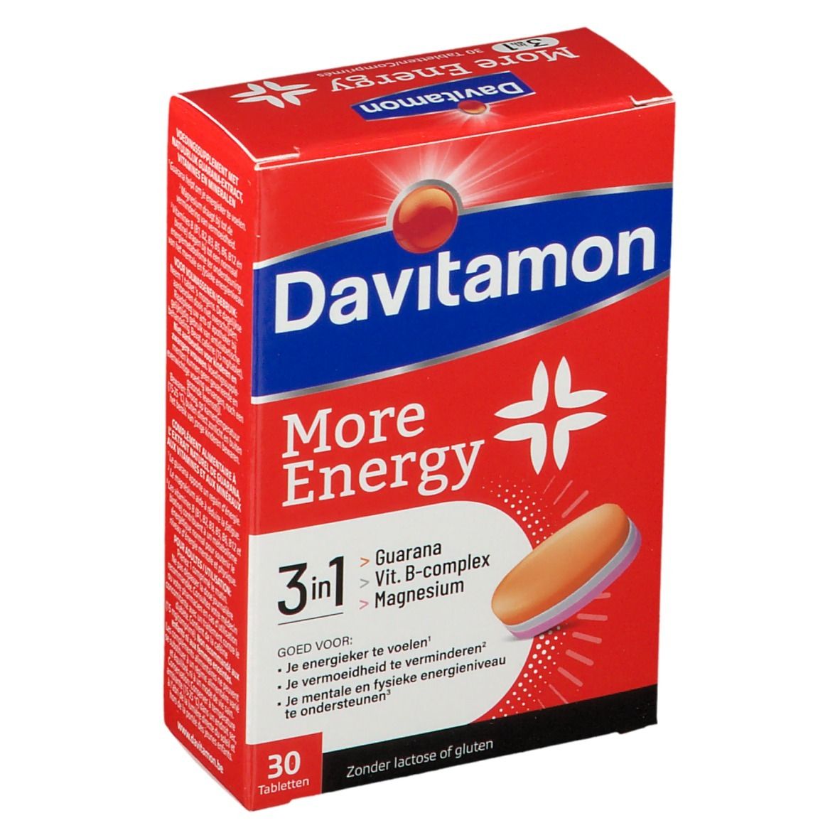 Rode doos Davitamon More Energy 3-in-1. Bevat 30 tabletten. Met Guarana, Vit. B-complex, Magnesium. Zonder lactose en gluten.
