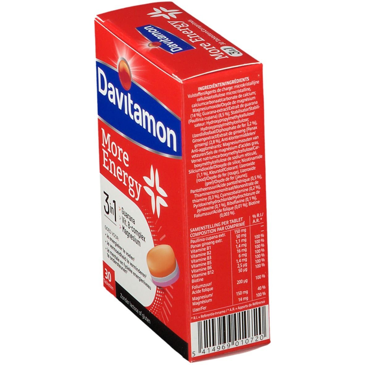 Rode doos Davitamon More Energy 3-in-1. Bevat 30 tabletten. Met Guarana, Vit. B-complex, Magnesium. Ingrediënten en samenstelling.