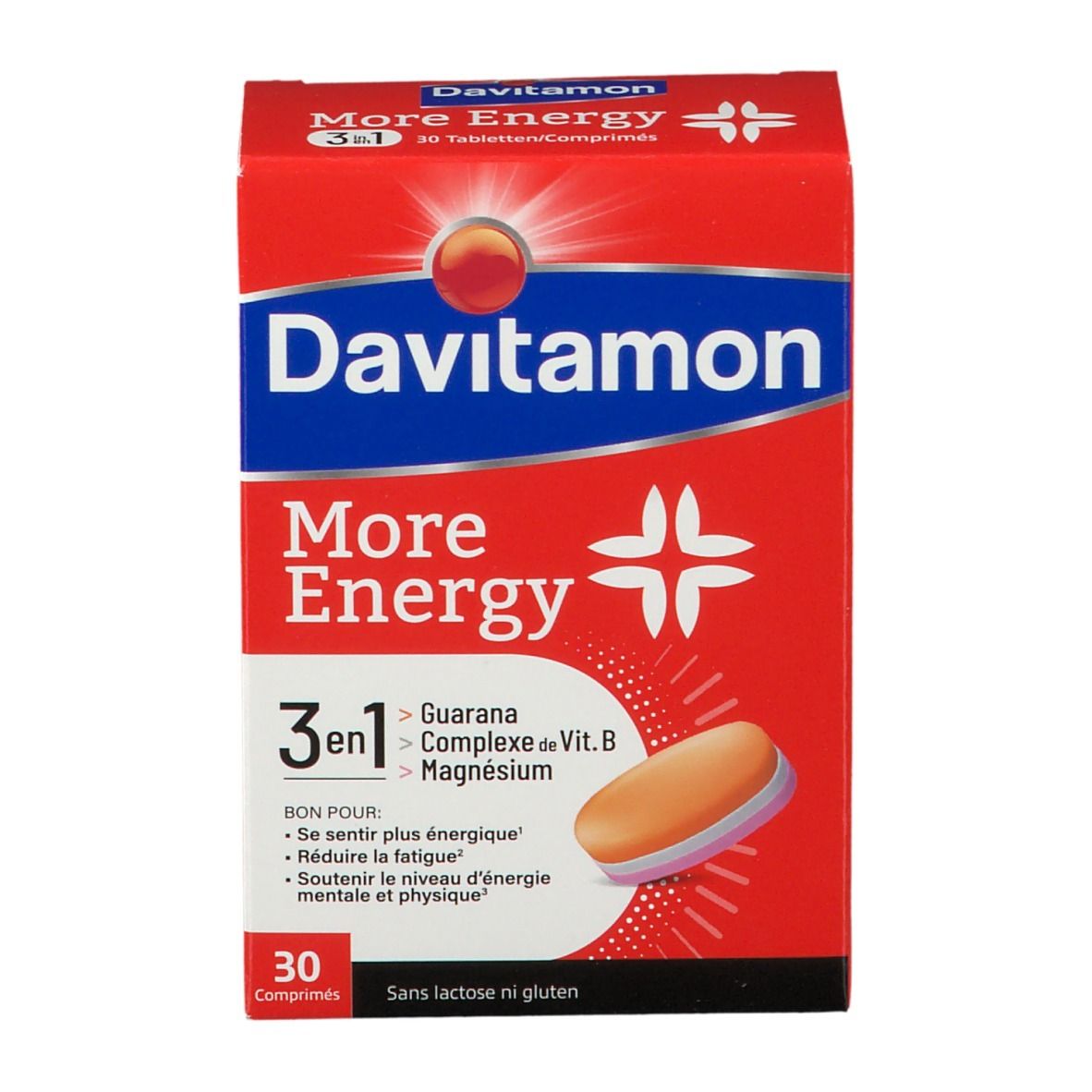 Rode doos Davitamon More Energy 3-in-1. Bevat 30 tabletten. Met Guarana, Vit. B-complex, Magnesium. Zonder lactose en gluten.