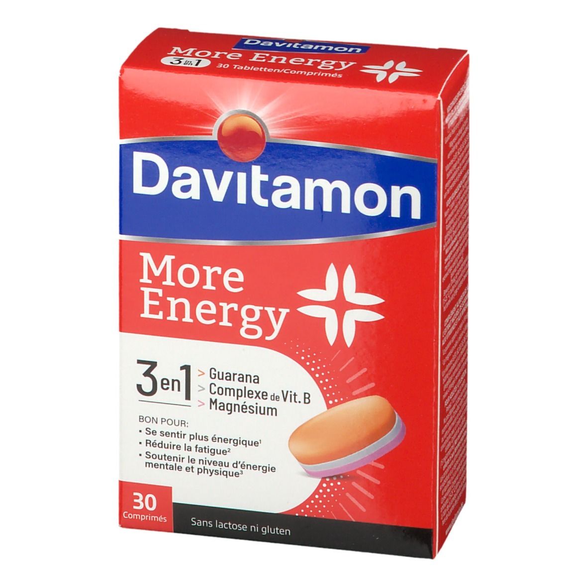 Rode doos Davitamon More Energy 3-in-1. Bevat 30 tabletten. Met Guarana, Vit. B-complex, Magnesium. Zonder lactose en gluten.