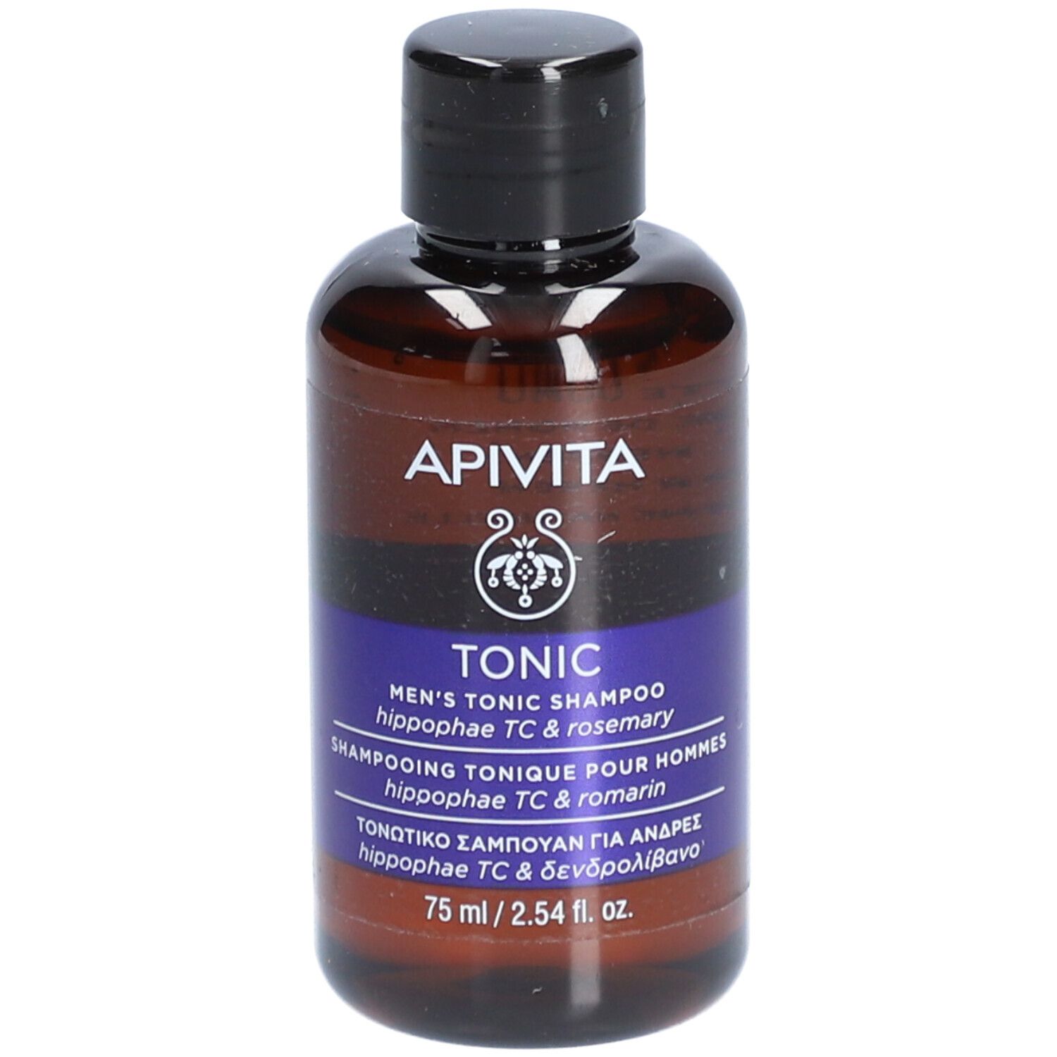Flacon marron avec bouchon noir. Inscriptions : Apivita, Tonic, Men's Tonic Shampoo. 75 ml.