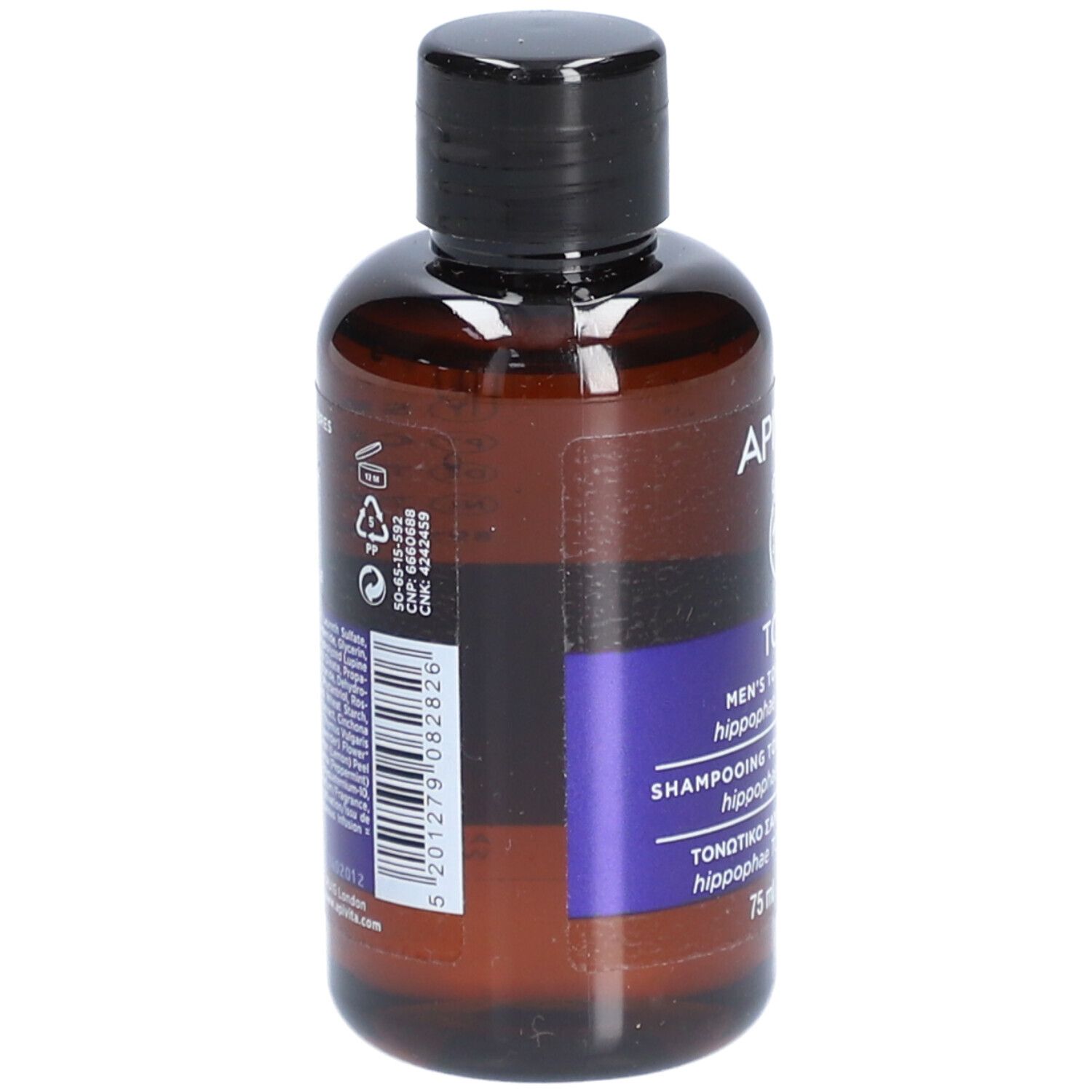 Flacon marron avec bouchon noir. Inscription : Men's Tonic Shampoo. Code-barres et texte au dos.