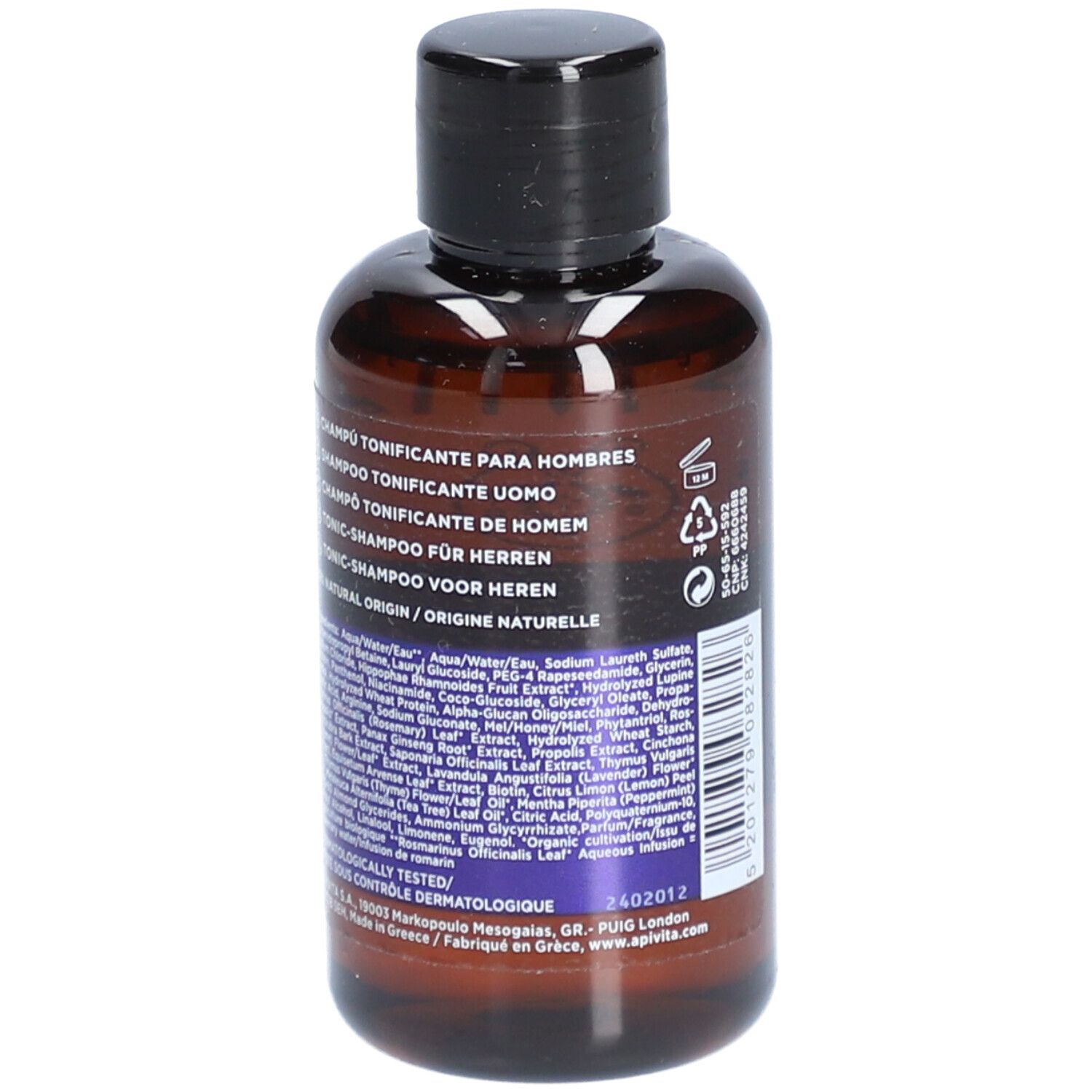 Flacon marron avec bouchon noir. Dos avec texte. Inscription : Tonic-Shampooing pour hommes. Ingrédients.