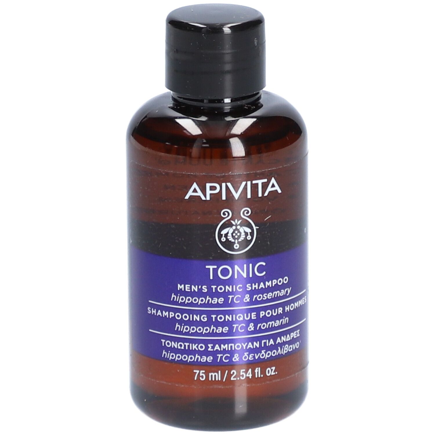 Flacon marron avec bouchon noir. Inscriptions : Apivita, Tonic, Men's Tonic Shampoo. 75 ml.