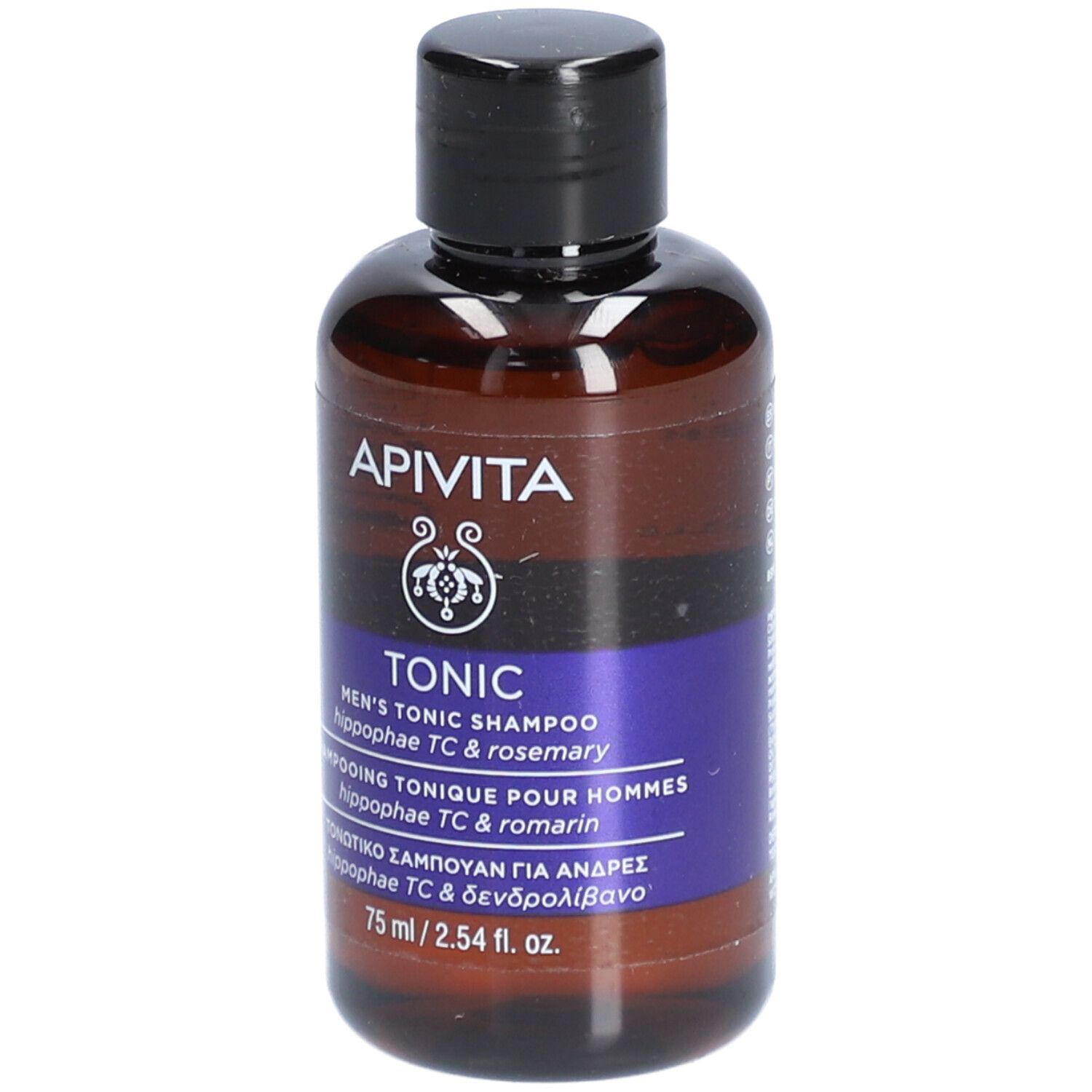 Flacon marron avec bouchon noir. Inscriptions : Apivita, Tonic, Men's Tonic Shampoo. 75 ml.