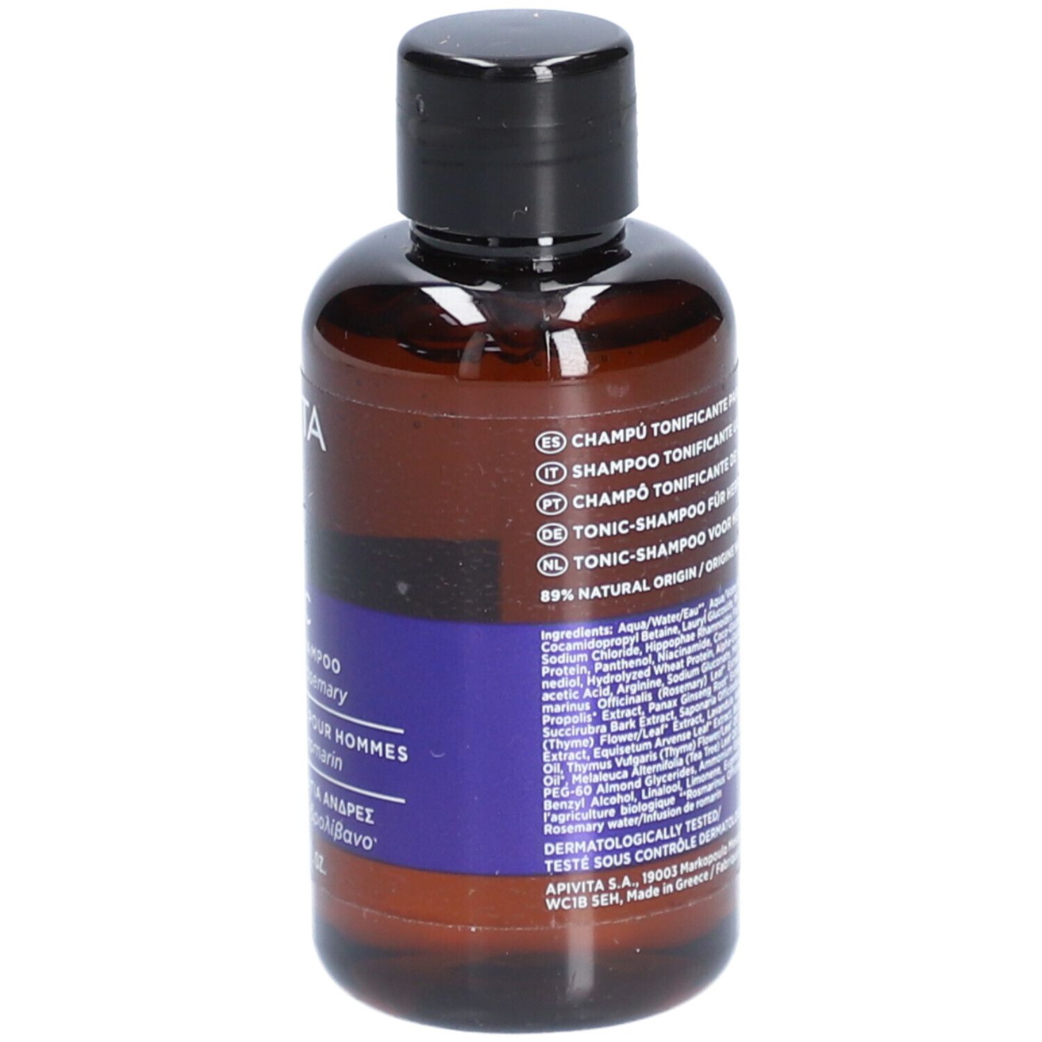 Flacon marron avec bouchon noir. Dos avec texte. Inscription : Tonic-Shampooing pour hommes. 89% naturel.
