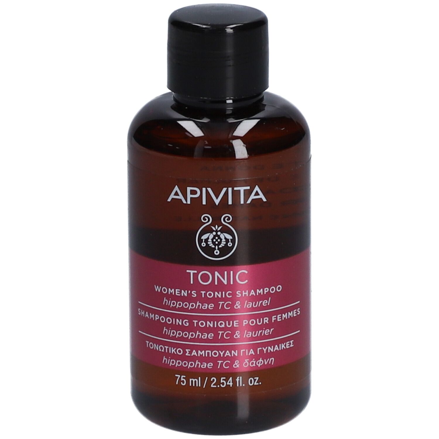 Bruine fles met zwarte dop. Opschrift: APIVITA, TONIC, Women's Tonic Shampoo. 75 ml.