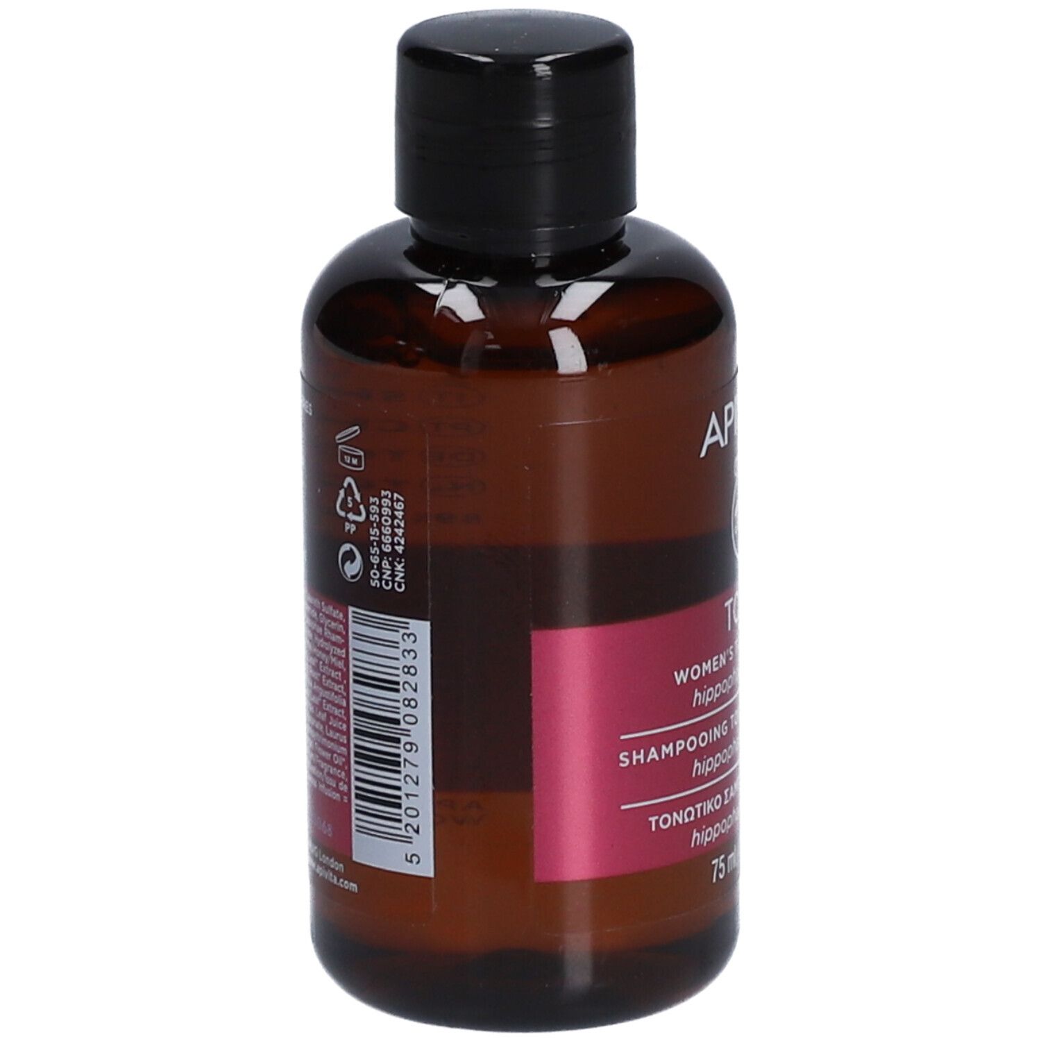 Bruine fles met zwarte dop. Etiket met barcode en tekst. Achterkant van het product.