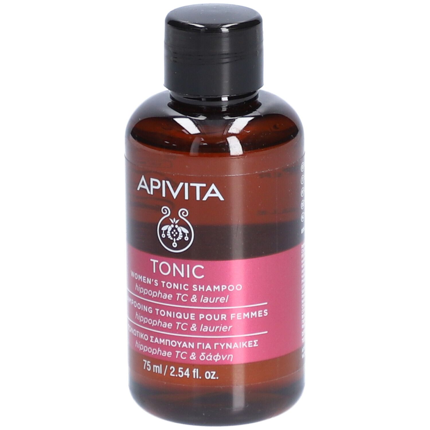 Bruine fles met zwarte dop. Opschrift: APIVITA, TONIC, Women's Tonic Shampoo. 75 ml.