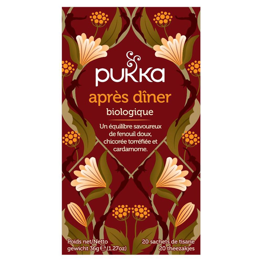 Emballage avec motif floral. Inscription : Pukka après dîner biologique. Contient 20 sachets de tisane.
