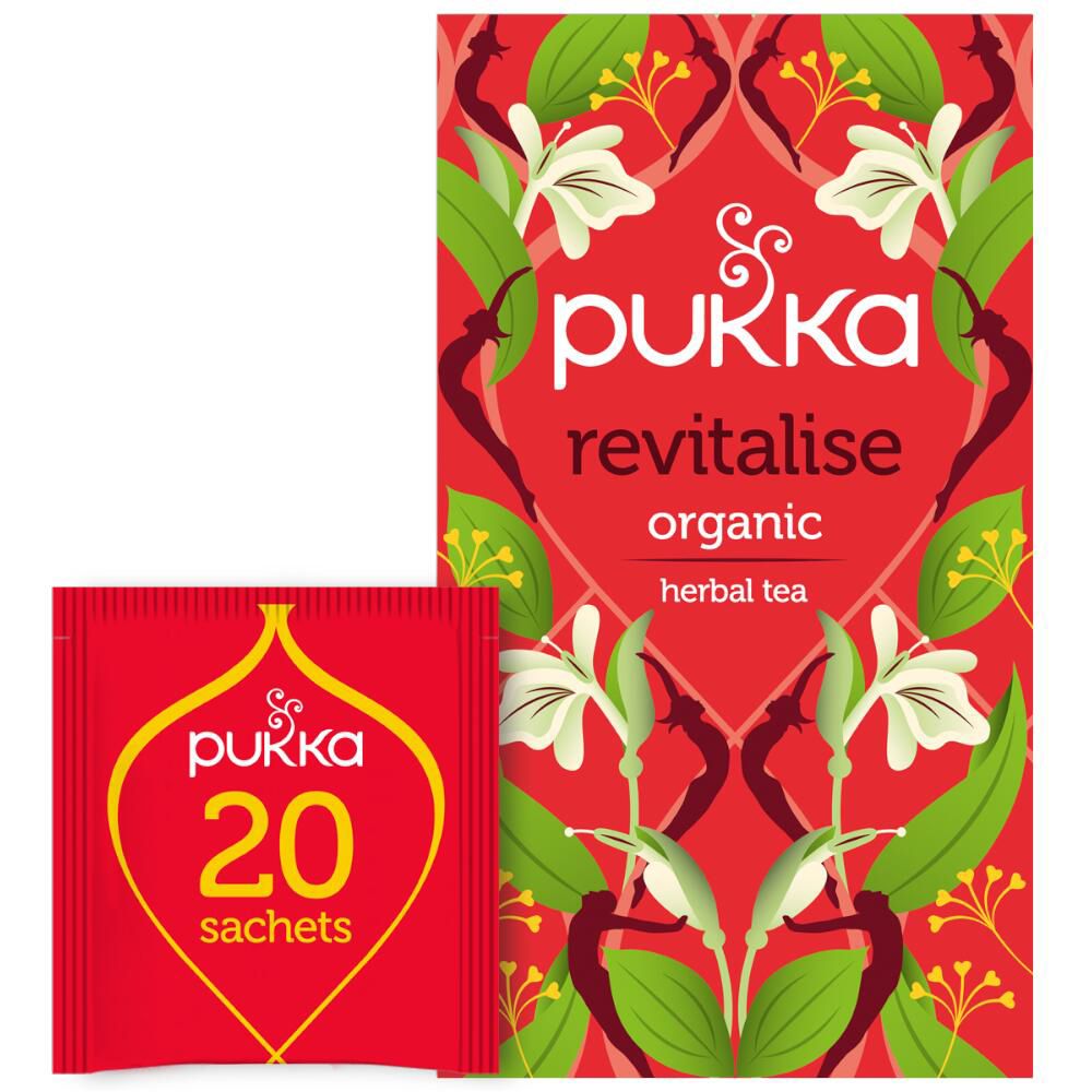 Emballage rouge avec sachets de thé Pukka Revitalise. 20 sachets. Logo Pukka jaune.