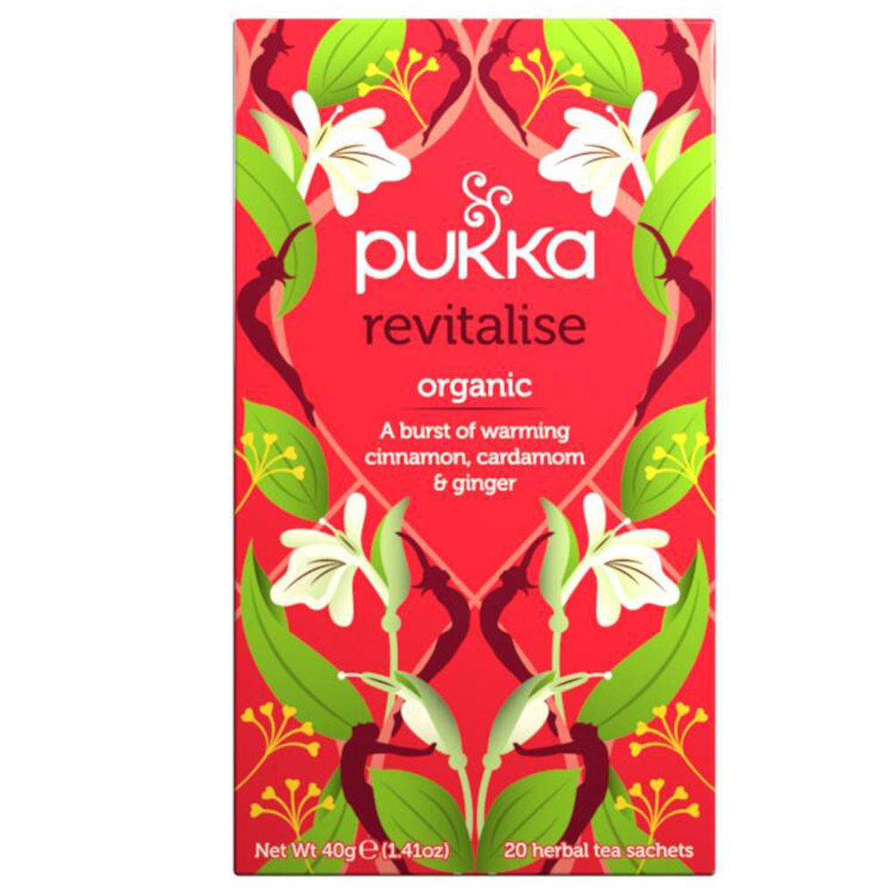 Emballage rouge Pukka Revitalise. Contient 20 sachets de thé. Design floral.