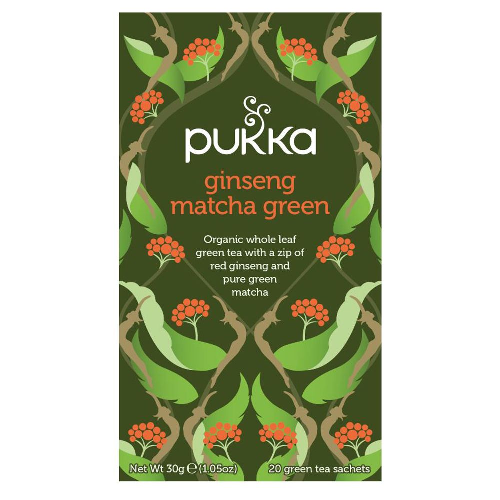 Boîte de thé Pukka Ginseng Matcha Green. Vert, motifs floraux. 20 sachets.