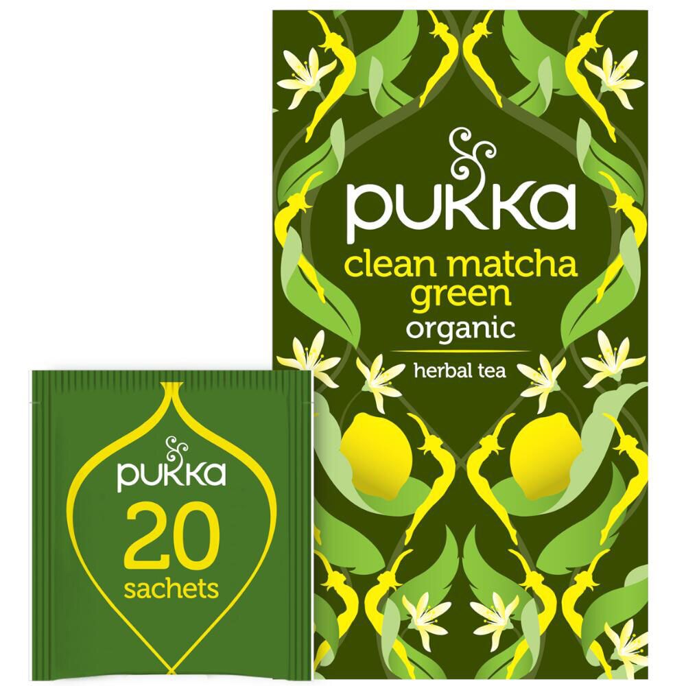 Thé vert matcha Pukka. Boîte et sachet individuel. Sachet avec 20 sachets. Vert et jaune. Inscription: 20 sachets.