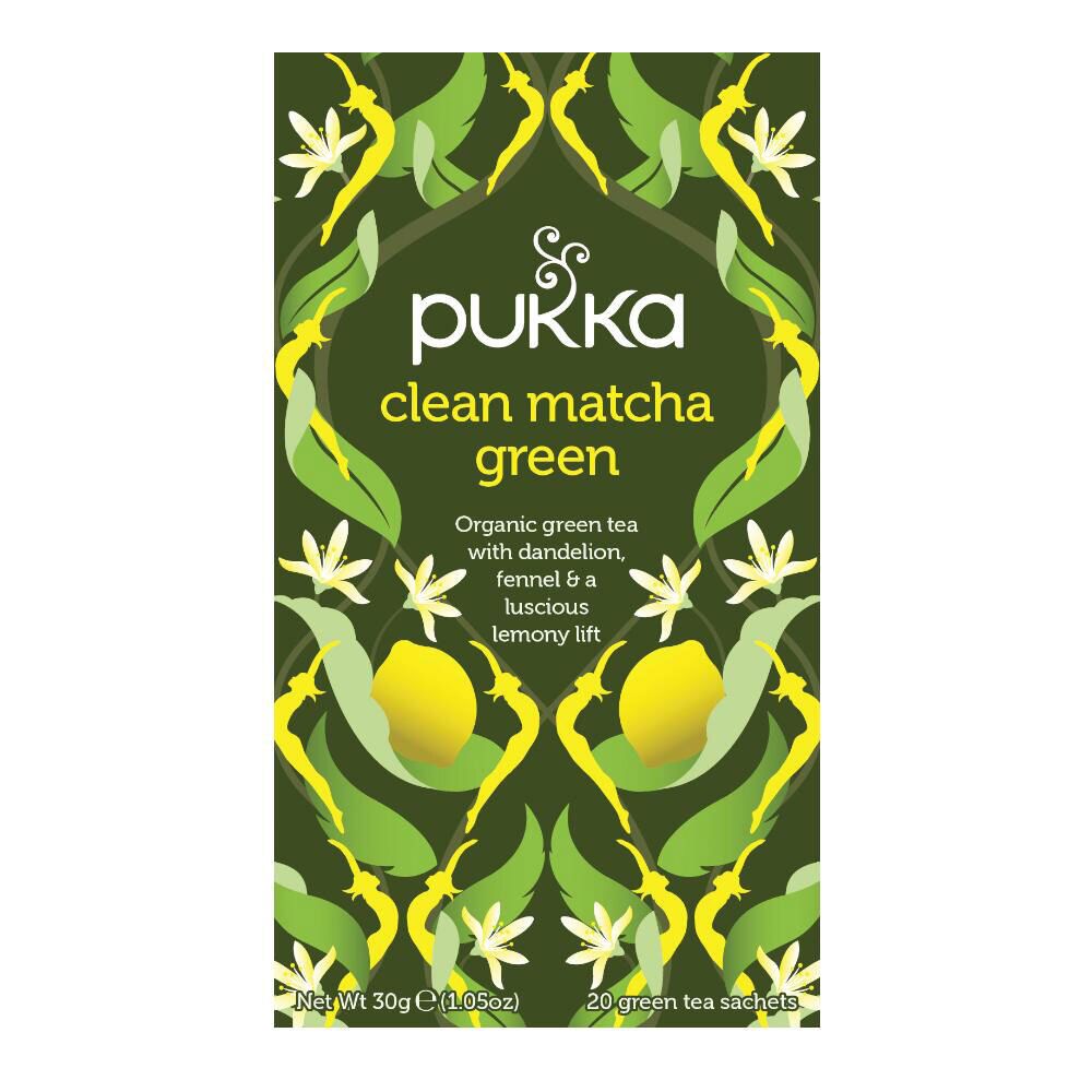 Thé vert matcha Pukka. Boîte avec 20 sachets de thé. Vert, jaune et blanc. Inscription: Organic green tea with dandelion, fennel & a luscious lemony lift.