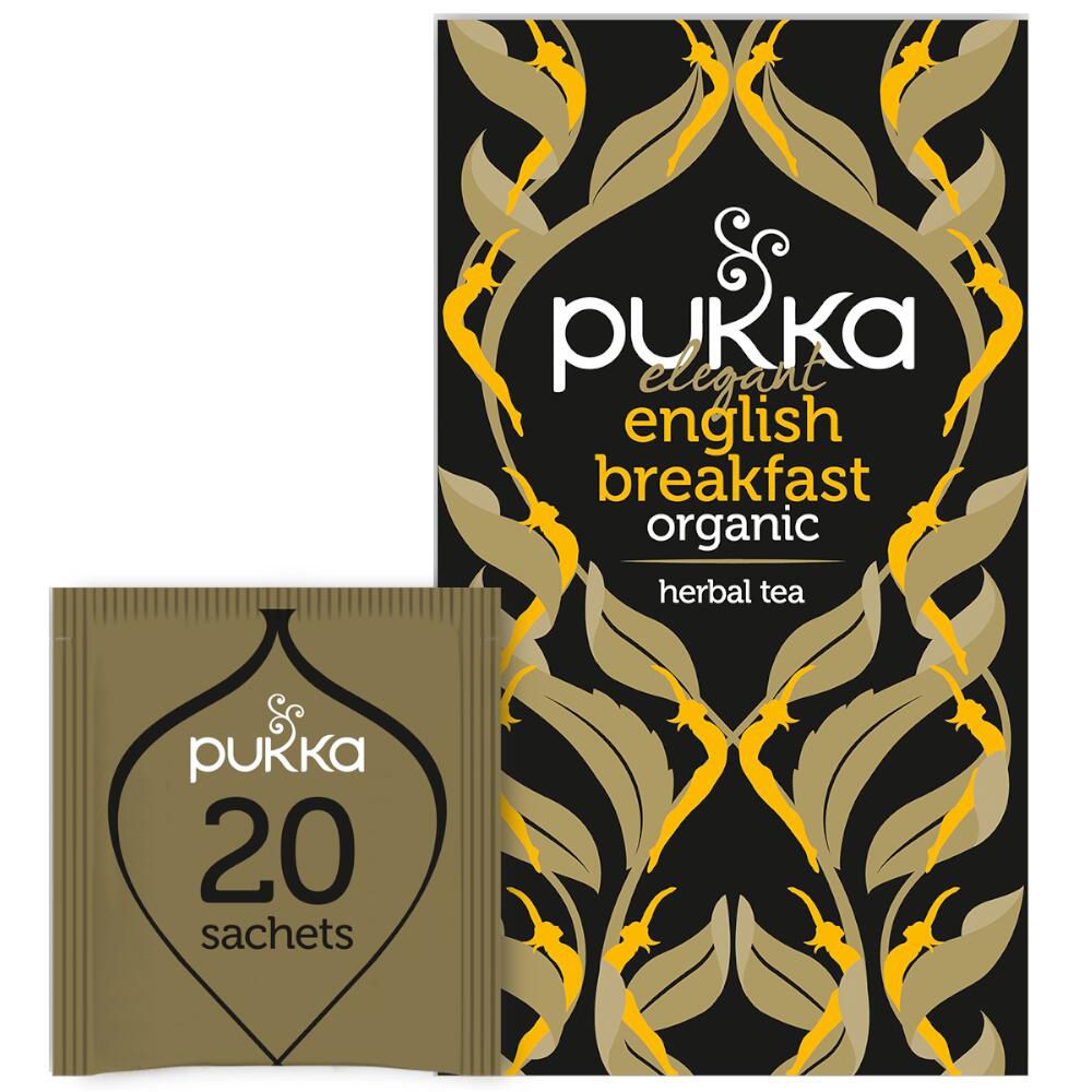 Pukka Elegant English Breakfast. Boîte et sachet individuel. 20 sachets. Emballage doré.