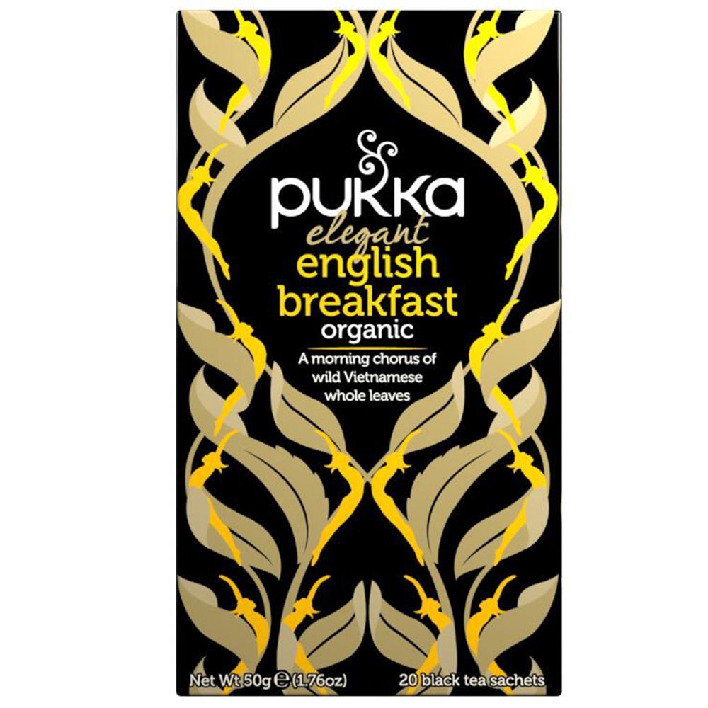 Pukka Elegant English Breakfast. Boîte noire, motifs dorés. 20 sachets de thé.