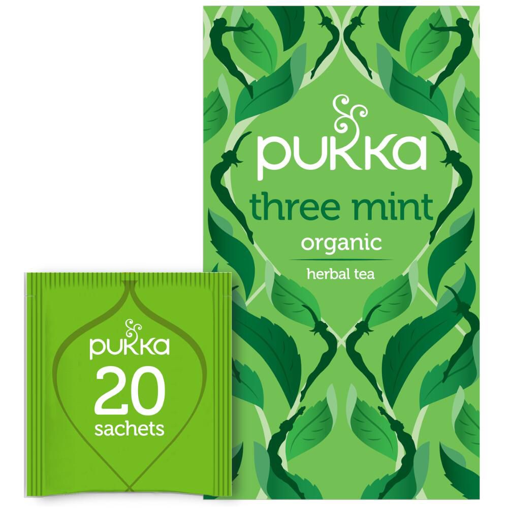Emballage vert avec sachets de thé. Inscription : Pukka, Three Mint, organic, tisane. 20 sachets.