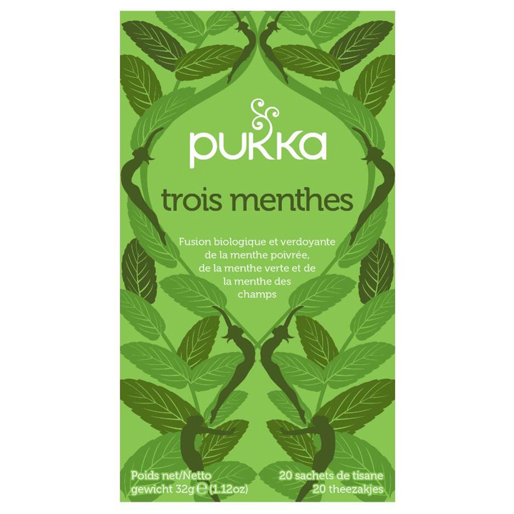 Emballage vert avec inscription : Pukka, Trois Menthés, Fusion, 20 sachets de thé. Poids net 32g.