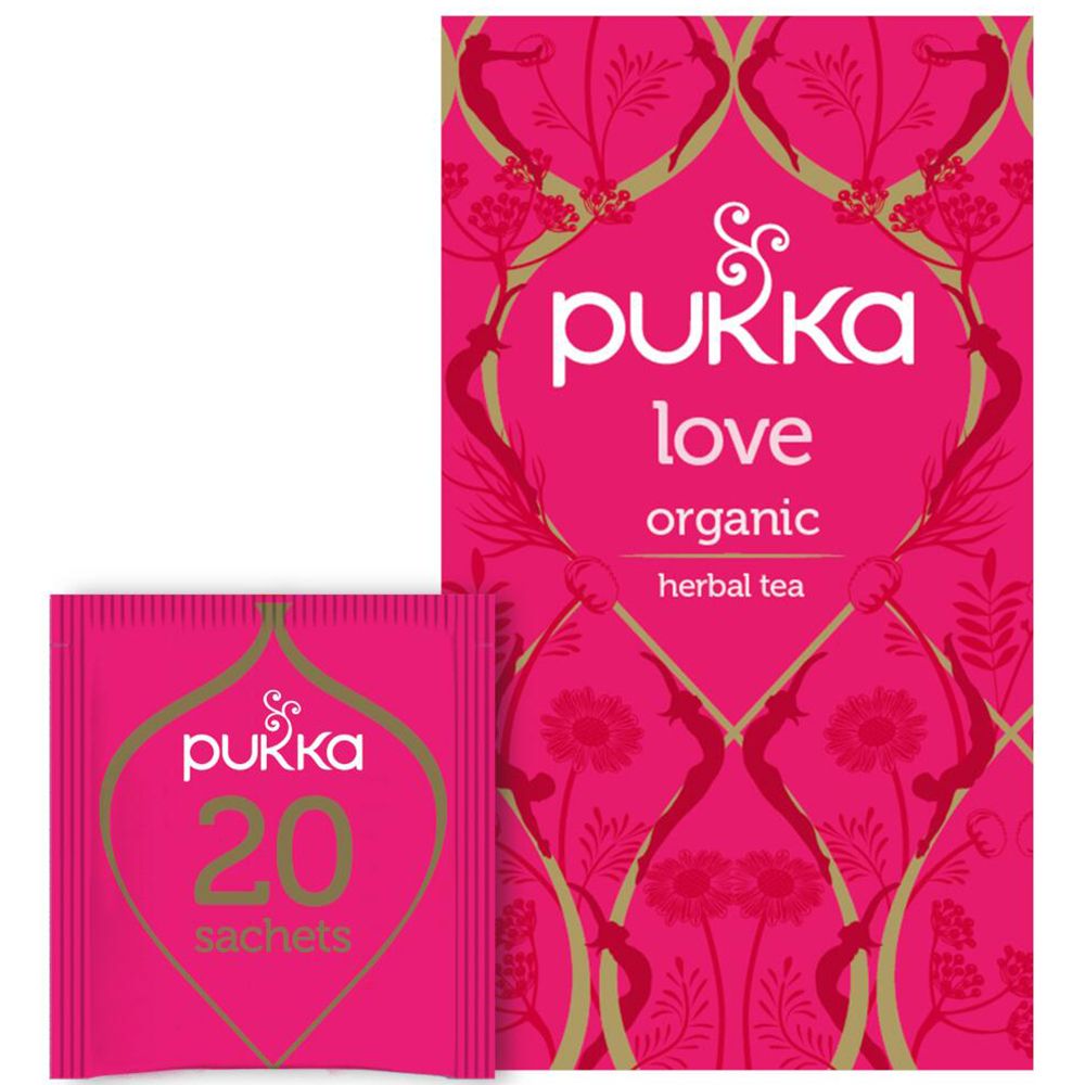 Sachet et boîte de thé rose. Inscription : Pukka Love, organic, 20 sachets.