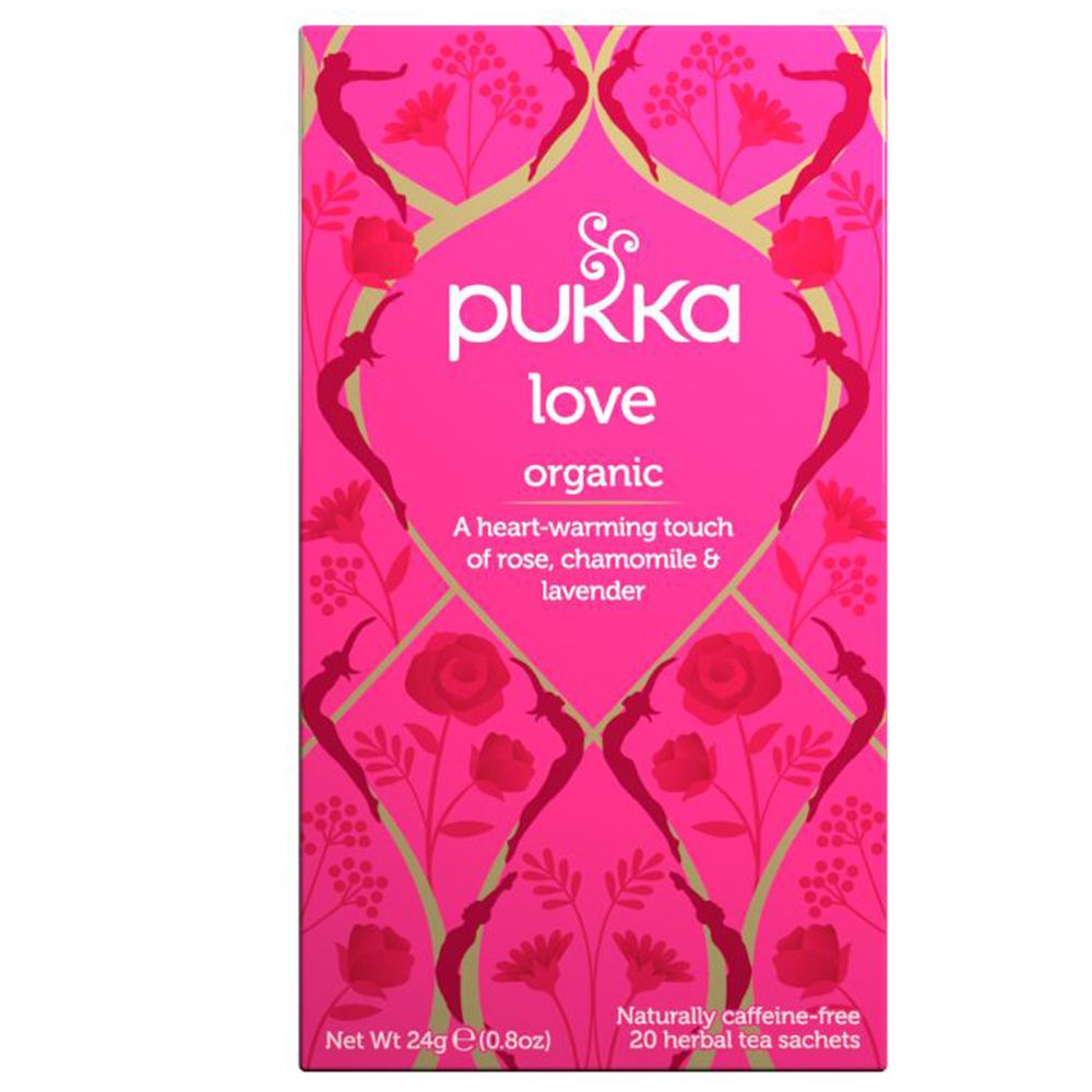 Boîte de thé rose avec Pukka Love, organic. Contient 20 sachets. Texte : A heart-warming touch of rose, chamomile & lavender.