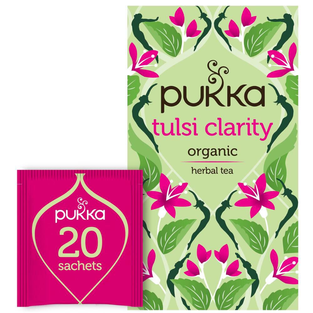 Pukka Tulsi Clarity thee. Roze zakje en groene bloemenverpakking. 20 zakjes.