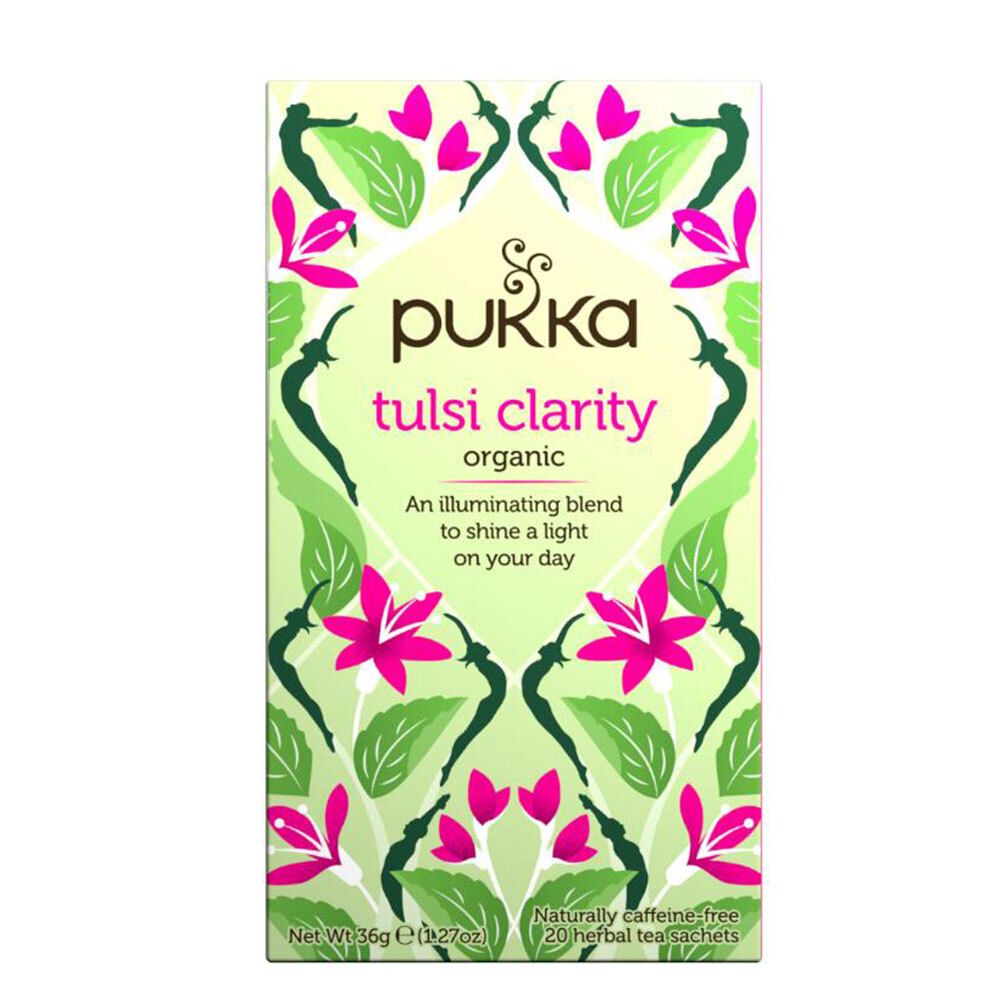 Pukka Tulsi Clarity thee. Groene doos met bloemenpatroon. 20 zakjes. Tekst: organic herbal tea.