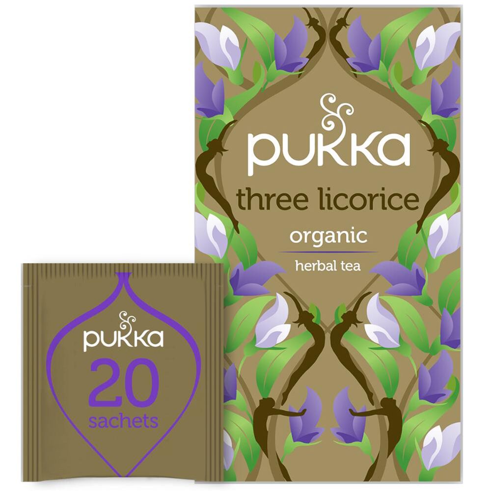 Pukka theezakje en verpakking. Opschrift: Three Licorice, organic, 20 sachets. Paars en bruin design.