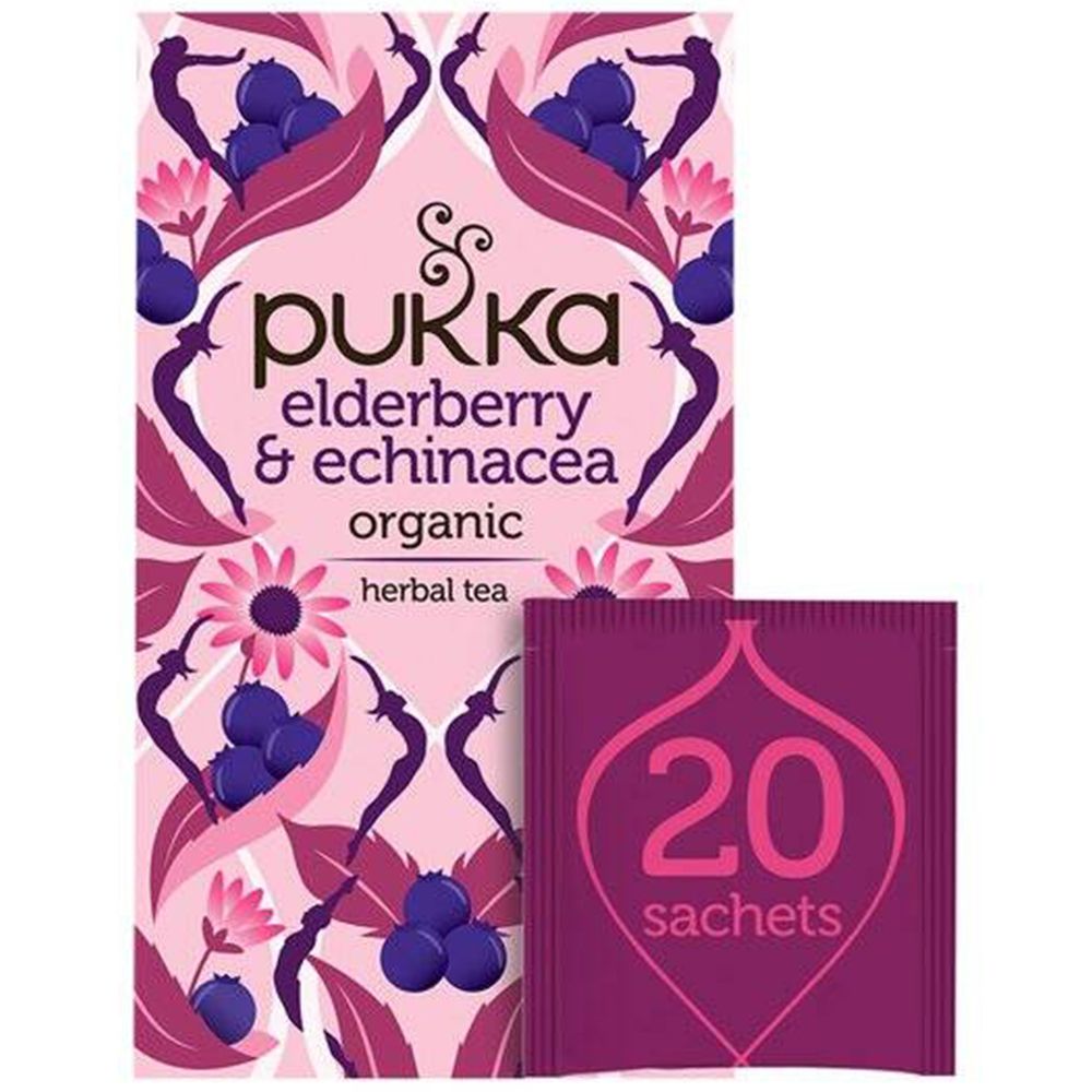 Pukka thé Holunderbeere & Echinacea. Boîte rose avec 20 sachets. Thé aux herbes.