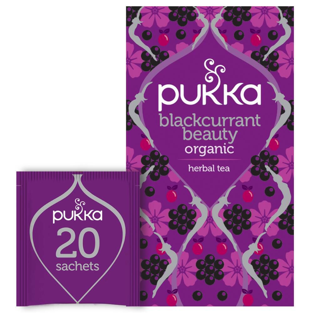 Pukka Blackcurrant Beauty thé. Boîte et sachet individuel. Emballage violet avec motif floral. 20 sachets.