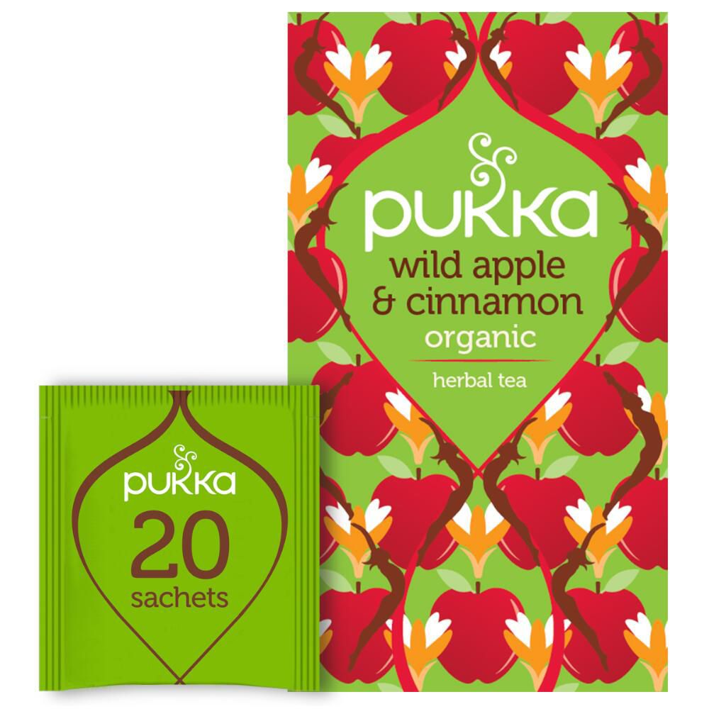 Groene theezakje en Pukka-doos. Opschrift "Wild Apple & Cinnamon" en 20 zakjes.