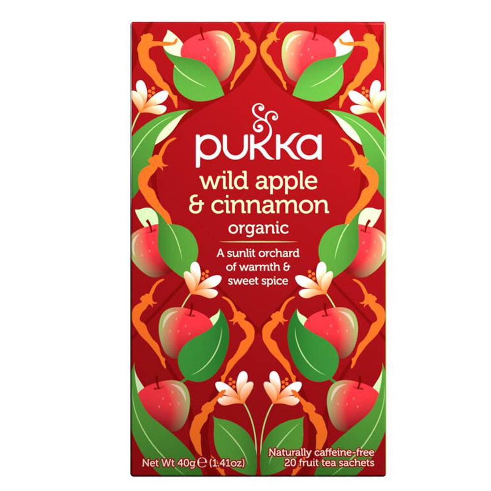 Rode doos met Pukka-logo, "Wild Apple & Cinnamon", 20 theezakjes en tekst.