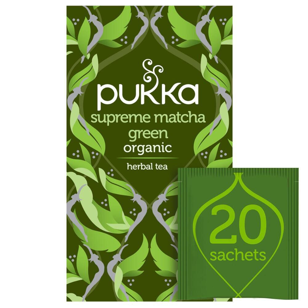 Sachet de thé vert avec 20 sachets. Inscription: Pukka Supreme Matcha Green Organic Herbal Tea.