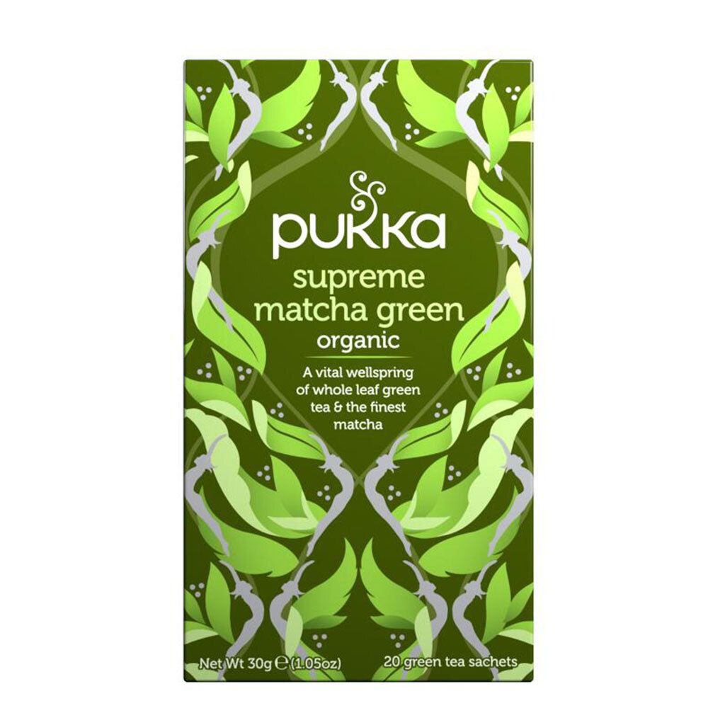 Emballage de thé vert avec inscription: Pukka Supreme Matcha Green Organic. 20 sachets.