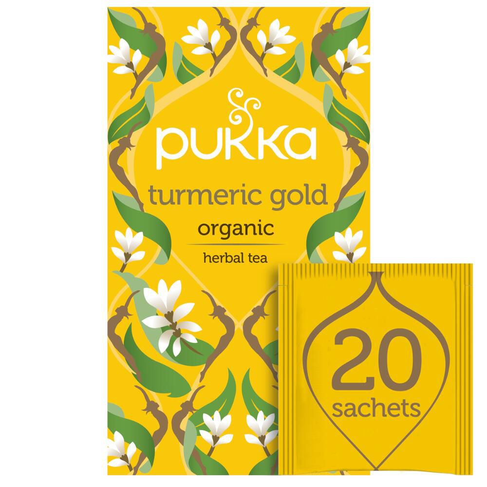 Emballage jaune avec nom du produit et 20 sachets. Inscription : Curcuma Gold, Organic, tisane.
