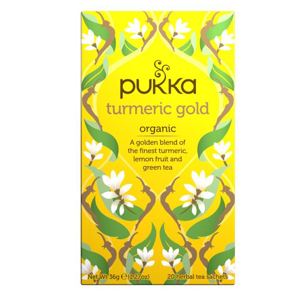 Emballage jaune avec nom du produit et description. Inscription : Curcuma Gold, Organic, tisane. 20 sachets.