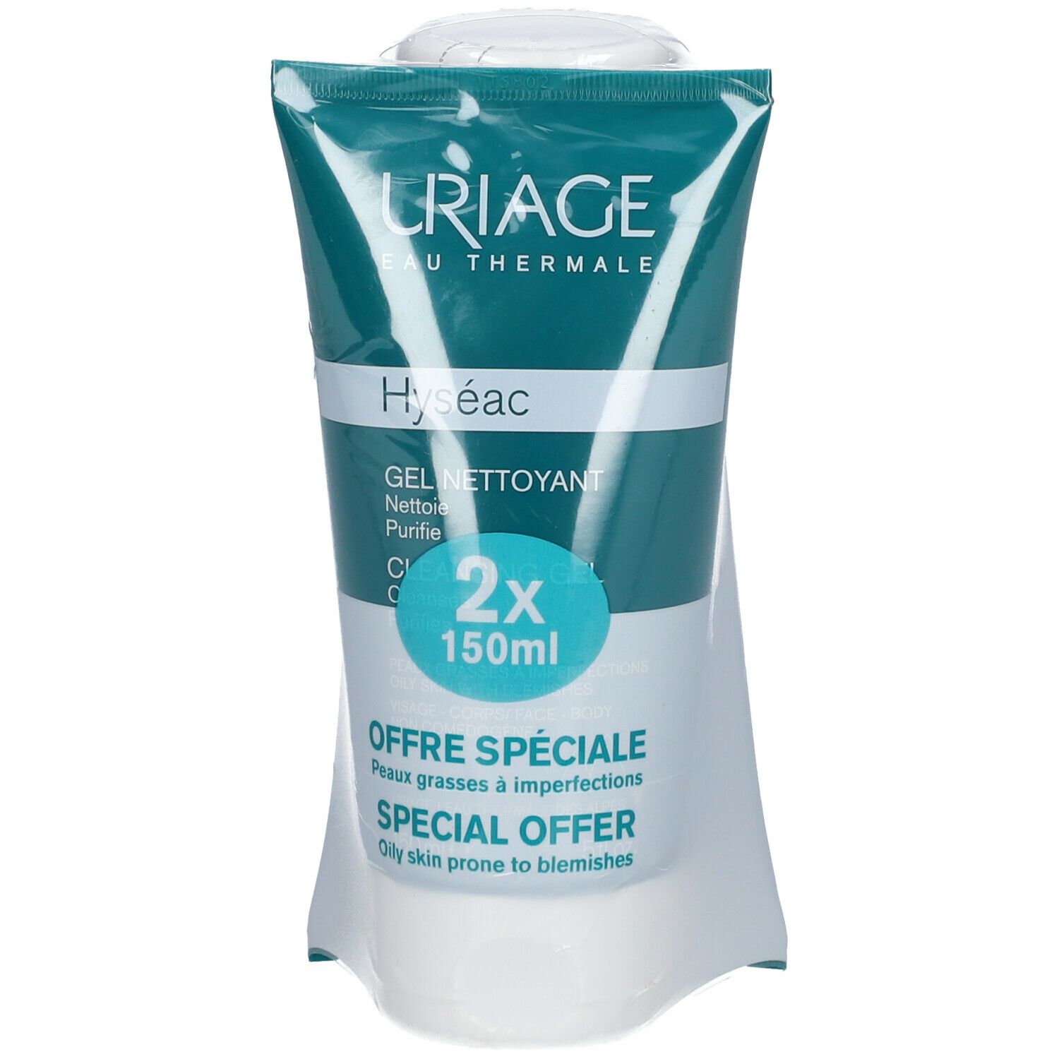 Gel en tube vert sous film plastique. Inscriptions URIAGE, Hyséac, Gel Nettoyant. 2x150ml. Offre spéciale peaux grasses.