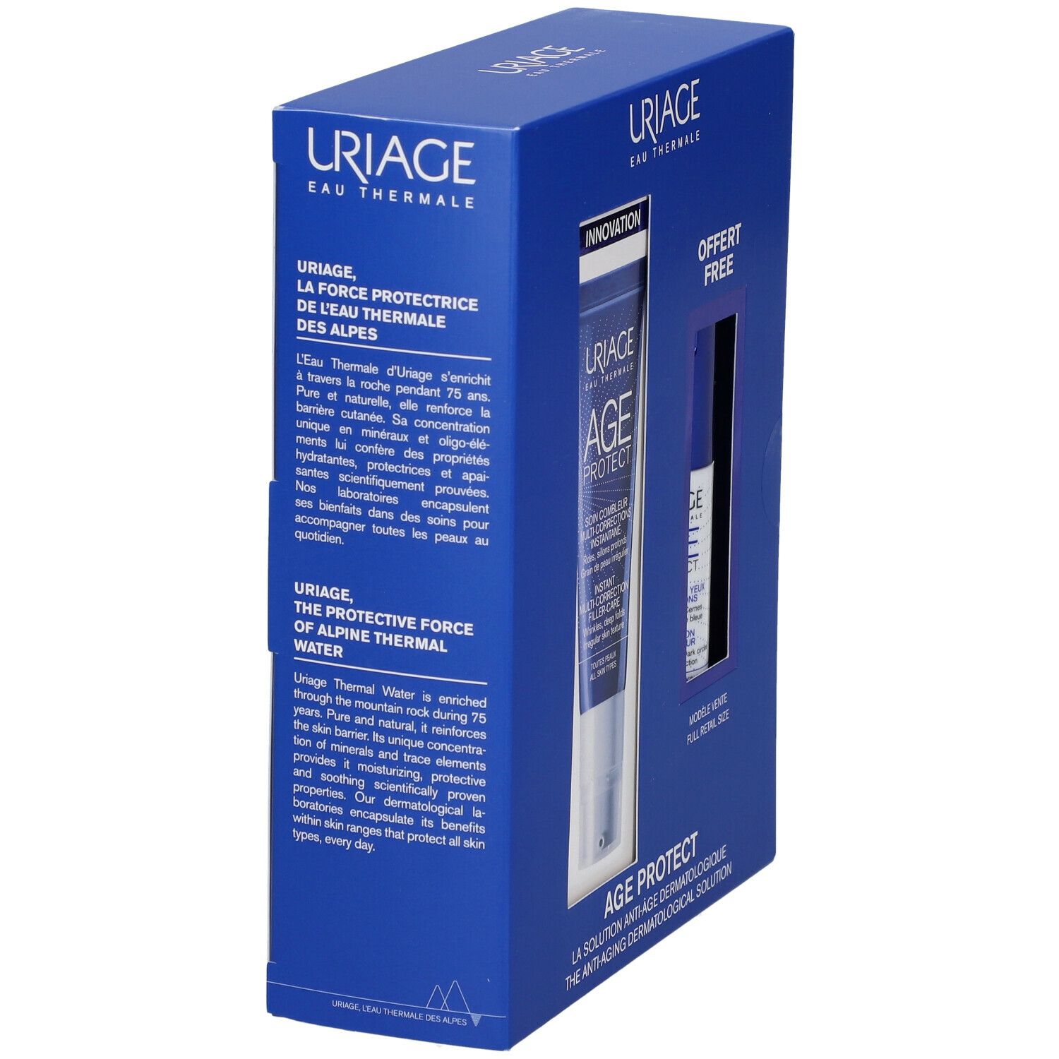 Blauwe verpakking met tekst en logo URIAGE. Bevat tekst in het Frans en Engels. Een product is afgebeeld op de zijkant.
