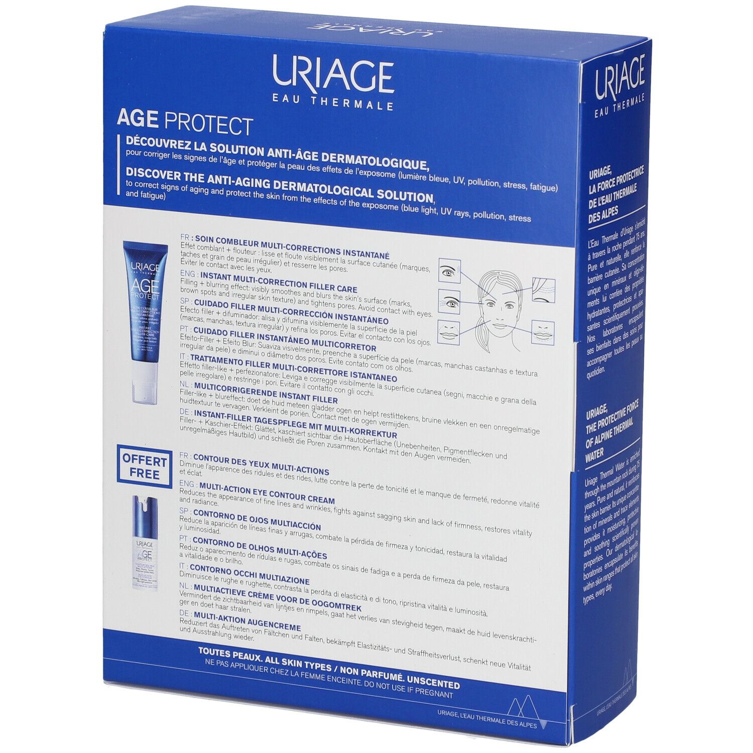 Achterkant van de blauwe verpakking met tekst en productillustraties. Bevat tekst in meerdere talen. Logo URIAGE.