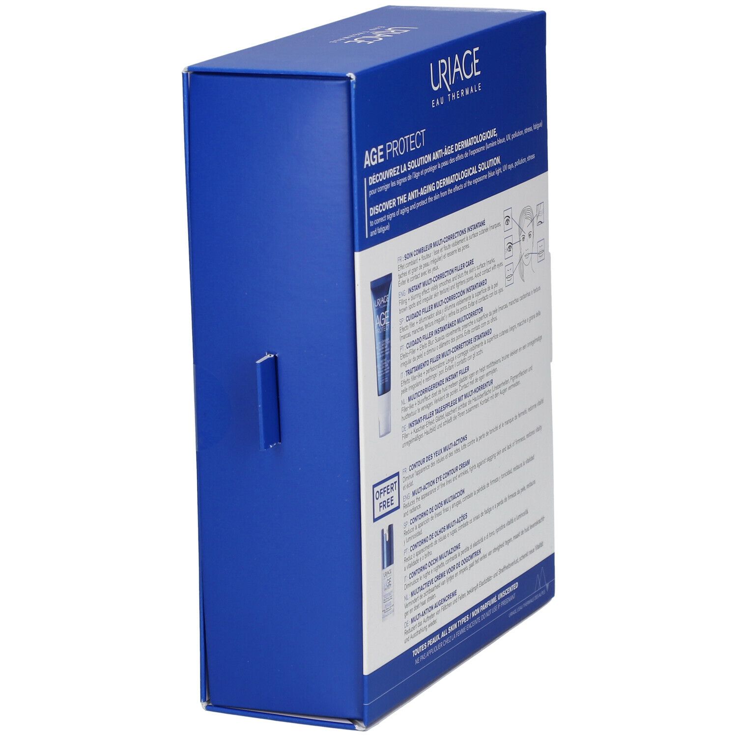 Blauwe verpakking, zijaanzicht. Tekst en logo URIAGE. Bevat productillustraties en tekst. "OFFERT FREE".
