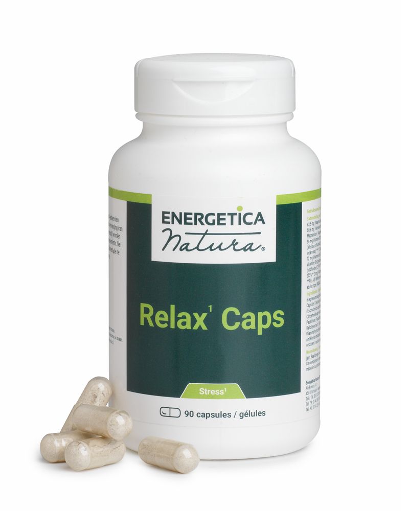 Witte fles met groene etiketten en capsules ernaast. Opschrift: Energetica Natura, Relax' Caps, 90 capsules.
