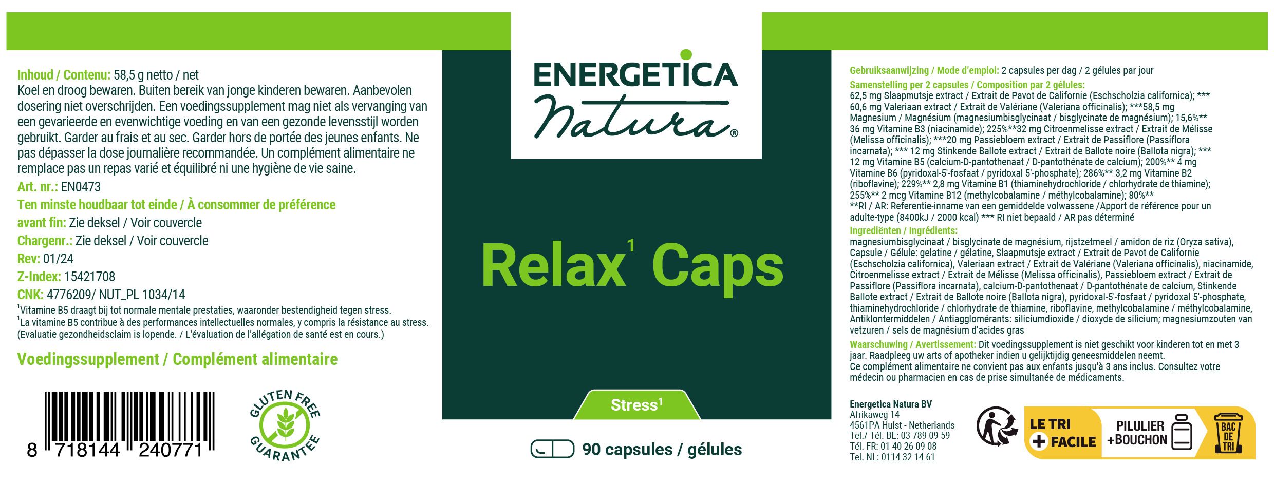 Etiket van een fles met productinformatie. Opschrift: Energetica Natura, Relax' Caps, 90 capsules. Glutenvrij zegel.