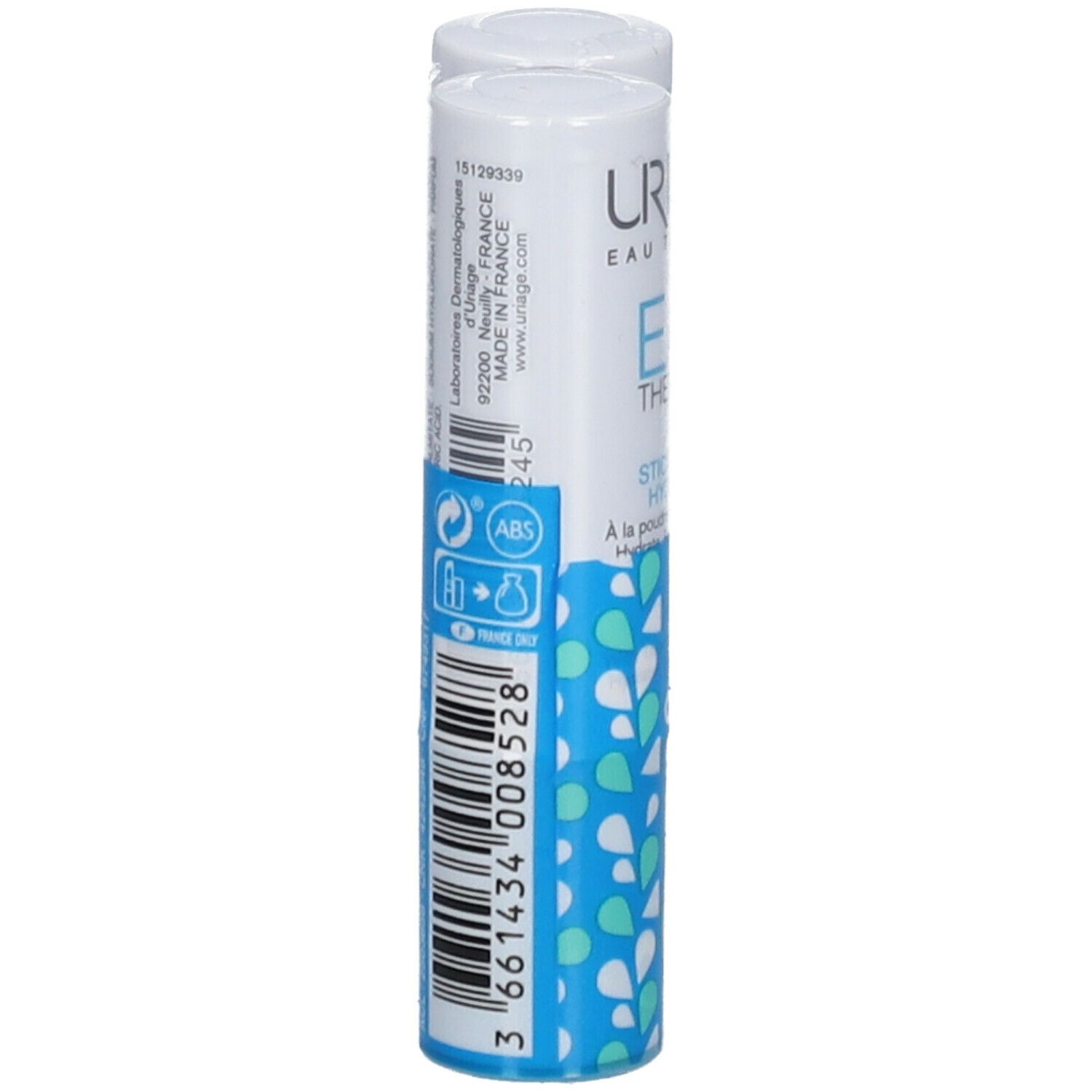 Stick lèvres dans un emballage blanc et bleu. Nom du produit et informations sur l'emballage.