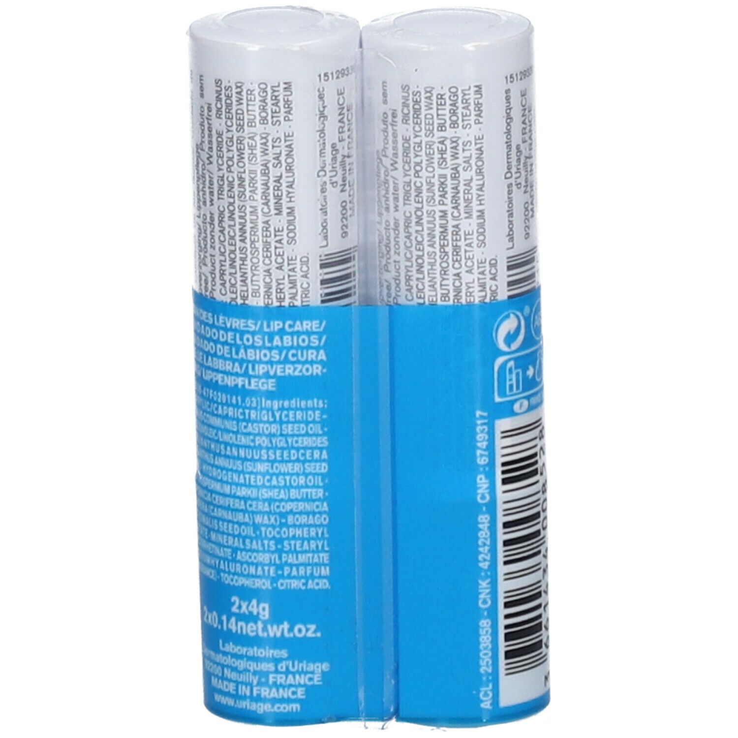 Deux sticks lèvres emballés. Dos avec ingrédients et informations sur le produit.