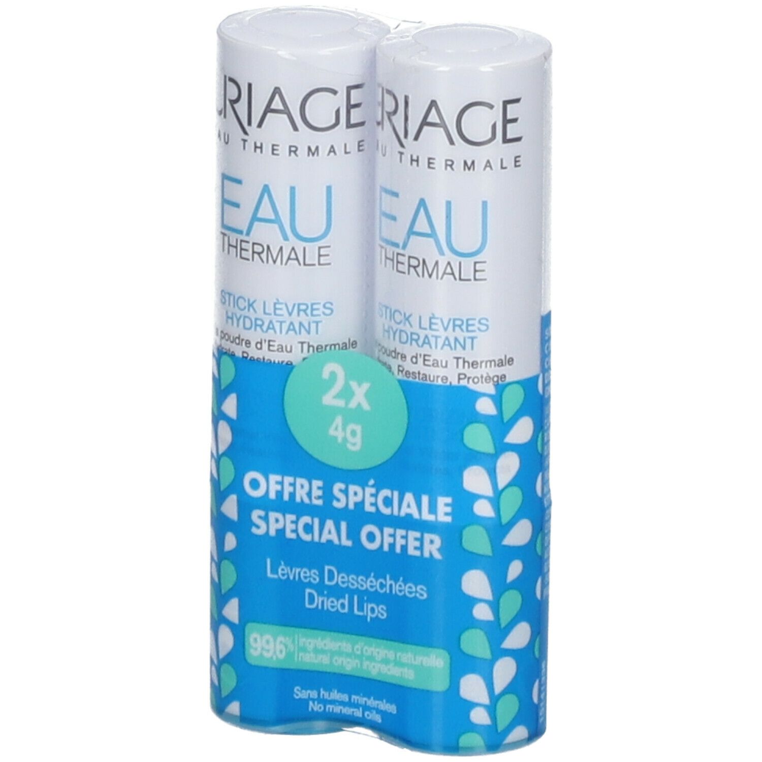Deux sticks lèvres emballés. Emballage bleu et blanc avec nom du produit et "Offre Spéciale".